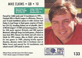1991 Pro Set WLAF #133 Mike Elkins Back