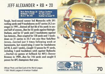 1991 Pro Set WLAF #70 Jeff Alexander Back