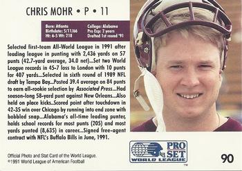 1991 Pro Set WLAF #90 Chris Mohr Back
