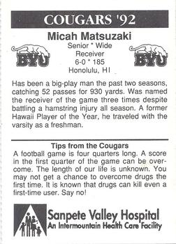 1992 BYU Cougars Safety #NNO Micah Matsuzaki Back