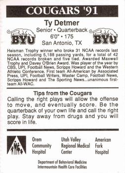 1991 BYU Cougars Safety #NNO Ty Detmer Back