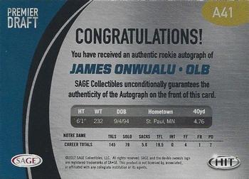 2017 SAGE HIT - Autographs Red #A41 James Onwualu Back