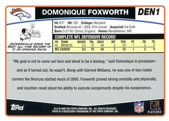 2006 Topps Denver Broncos #DEN1 Domonique Foxworth Back