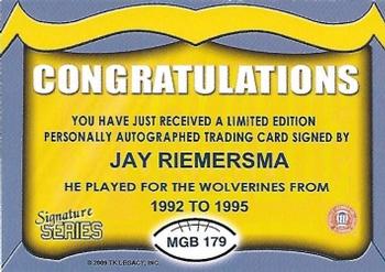 2002 TK Legacy Michigan Wolverines - Go Blue Autographs #MGB179 Jay Riemersma Back