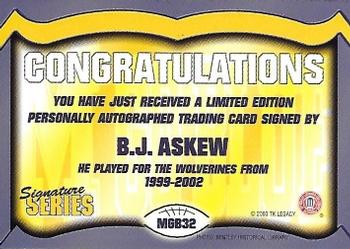 2002 TK Legacy Michigan Wolverines - Go Blue Autographs #MGB32 B.J. Askew Back