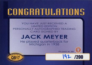 2002 TK Legacy Michigan Wolverines - Quarterback Club Autographs #QB17 Jack Meyer Back