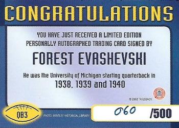 2002 TK Legacy Michigan Wolverines - Quarterback Club Autographs #QB3 Forest Evashevski Back