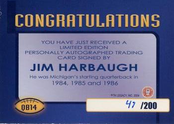 2002 TK Legacy Michigan Wolverines - Quarterback Club Autographs #QB14 Jim Harbaugh Back