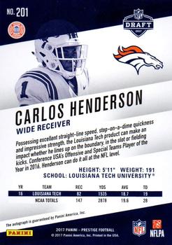 2017 Panini Prestige - Rookie Signatures Xtra Points Gold #201 Carlos Henderson Back