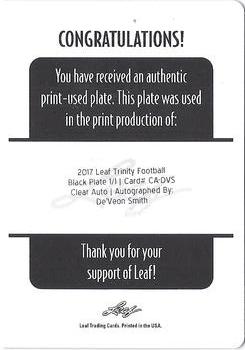 2017 Leaf Trinity - Clear Autographs Printing Plates Black #CA-DVS De'Veon Smith Back