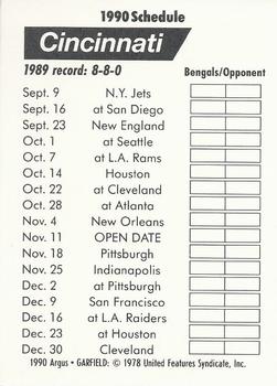 1990 Argus Garfield NFL Team Schedule Cards #NNO Cincinnati Bengals Back