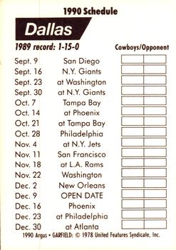 1990 Argus Garfield NFL Team Schedule Cards #NNO Dallas Cowboys Back