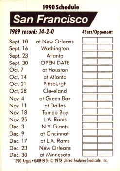 1990 Argus Garfield NFL Team Schedule Cards #NNO San Francisco 49ers Back