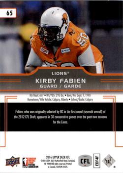 2016 Upper Deck CFL #65 Kirby Fabien Back