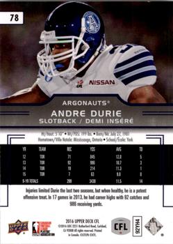 2016 Upper Deck CFL #78 Andre Durie Back