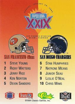 1995 Classic NFL Experience Super Bowl XXIX #NNO Header / Checklist Back