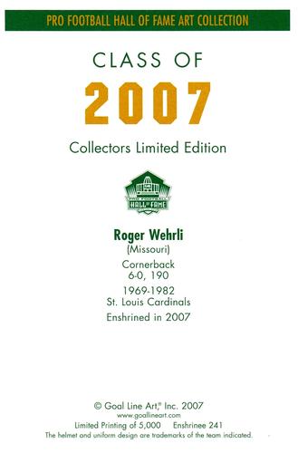 2007 Goal Line Hall of Fame Art Collection #241 Roger Wehrli Back