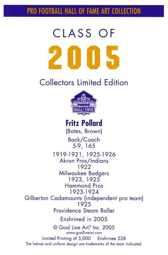 2005 Goal Line Hall of Fame Art Collection #228 Fritz Pollard Back