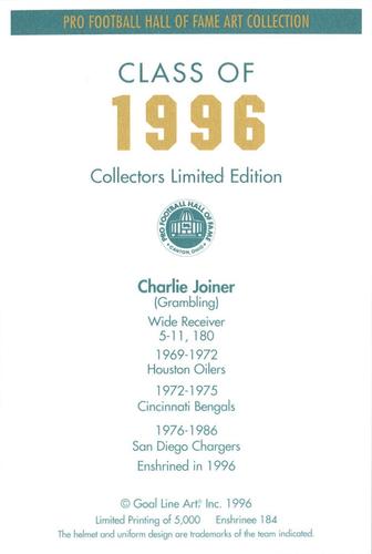 1996 Goal Line Hall of Fame Art Collection #184 Charlie Joiner Back