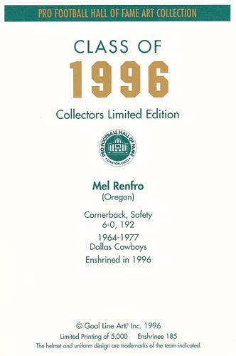 1996 Goal Line Hall of Fame Art Collection #185 Mel Renfro Back
