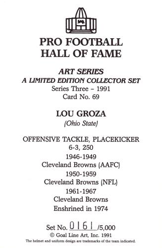 1991 Goal Line Hall of Fame Art Collection #69 Lou Groza Back