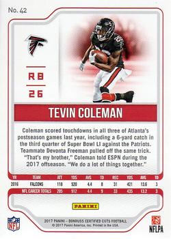 2017 Donruss Certified Cuts #42 Tevin Coleman Back