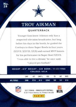 2017 Panini Immaculate Collection #28 Troy Aikman Back