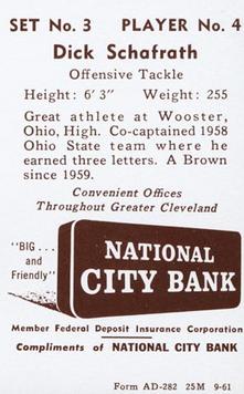 1961 National City Bank Cleveland Browns - Set No. 3 #4 Dick Schafrath Back