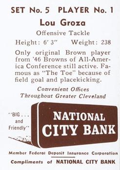 1961 National City Bank Cleveland Browns - Set No. 5 #1 Lou Groza Back