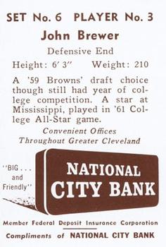 1961 National City Bank Cleveland Browns - Set No. 6 #3 John Brewer Back