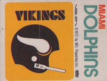 1972 Fleer Football Patches #NNO Minnesota Vikings Helmet / Miami Dolphins Name Front