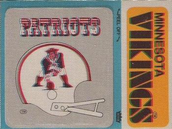 1976 Fleer Football Patches #NNO New England Patriots Helmet / Minnesota Vikings Name Front