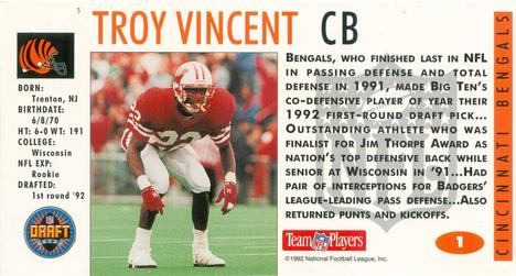 1992 GameDay - Draft Day Collectibles Promos #1 Troy Vincent Back