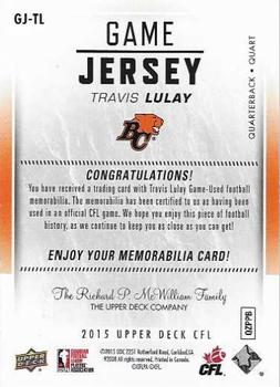 2015 Upper Deck CFL - Game Jersey #GJ-TL Travis Lulay Back