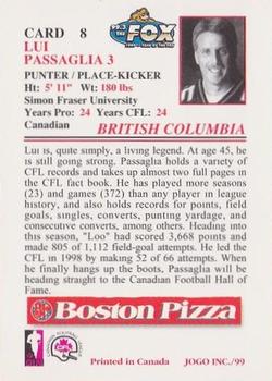 1999 JOGO Boston Pizza #8 Lui Passaglia Back