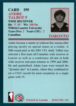 2002 JOGO #195 Andre Talbot Back