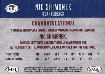 2018 SAGE HIT - Autographs Black #A-27 Nic Shimonek Back
