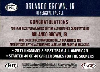 2018 SAGE HIT - Autographs Black #A-28 Orlando Brown Jr. Back