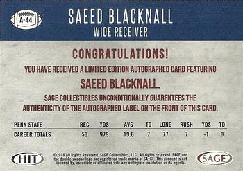 2018 SAGE HIT - Autographs Black #A-44 Saeed Blacknall Back