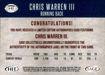 2018 SAGE HIT - Autographs Black #A-53 Chris Warren III Back