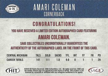 2018 SAGE HIT - Autographs Black #A-75 Amari Coleman Back
