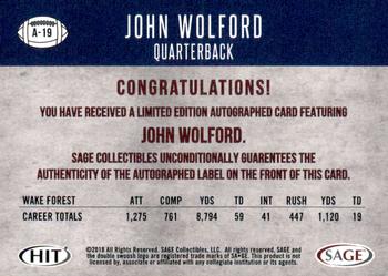 2018 SAGE HIT - Autographs Red #A-19 John Wolford Back