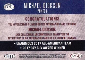 2018 SAGE HIT - Autographs Red #A-26 Michael Dickson Back