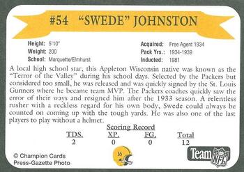 1992 Green Bay Packer Hall of Fame #16 Swede Johnston Back