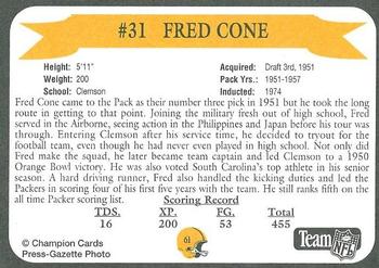 1992 Green Bay Packer Hall of Fame #61 Fred Cone Back