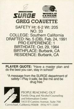1991 American Airlines Sacramento Surge (WLAF) Police #NNO Greg Coauette Back