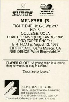 1991 American Airlines Sacramento Surge (WLAF) Police #NNO Mel Farr Jr. Back