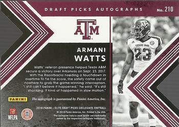 2018 Panini Elite Draft Picks - Draft Picks Autographs Status Die Cut Purple #210 Armani Watts Back