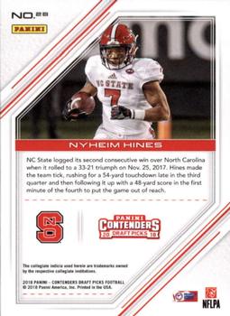 2018 Panini Contenders Draft Picks - Game Day Ticket #28 Nyheim Hines Back