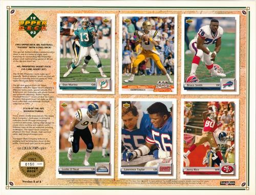 1992 Upper Deck SCD Sheets #8 Dan Marino / Tommy Maddox / Bruce Smith / Leslie O'Neal / Lawrence Taylor / Jerry Rice Front